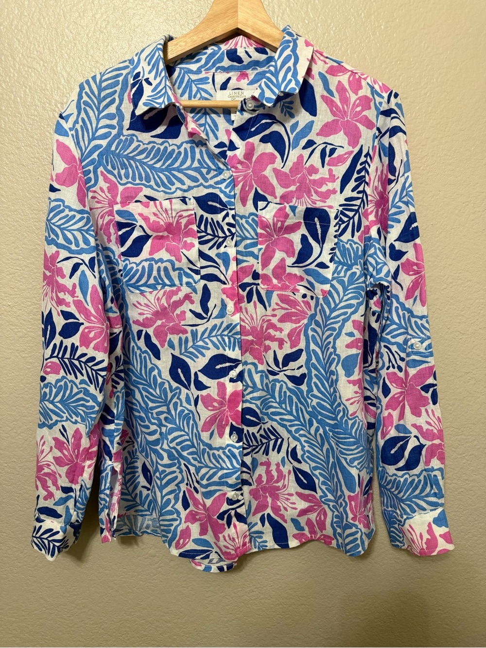 Charter Club Women’s Linen Printed Floral Tropical Shirt L Beach Vaction